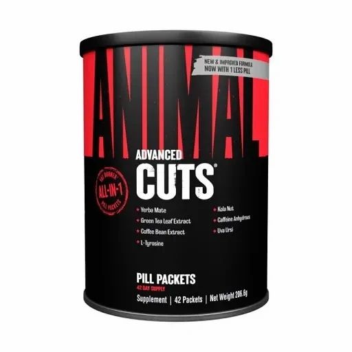 Schwarze Dose mit roter Aufschrift "ANIMAL CUTS". Enthält 42 Pillenpackungen. Enthält Inhaltsstoffe wie Yerba Mate und Koffein. "ALL-IN-1".