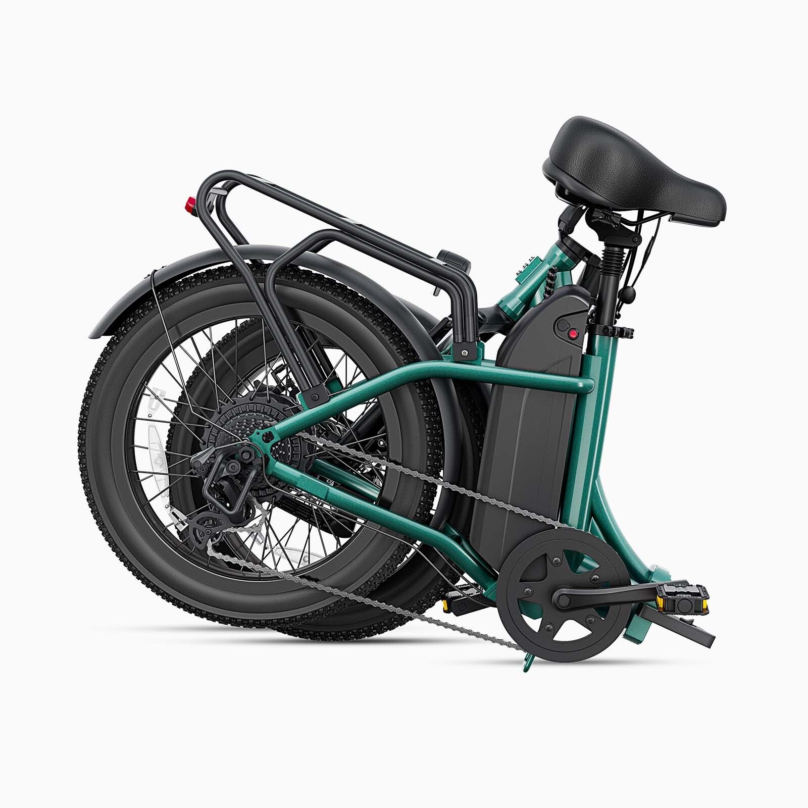 Gefaltetes grünes DYU C9 Elektrofahrrad. Schwarze Reifen und Sattel. Batterie sichtbar.