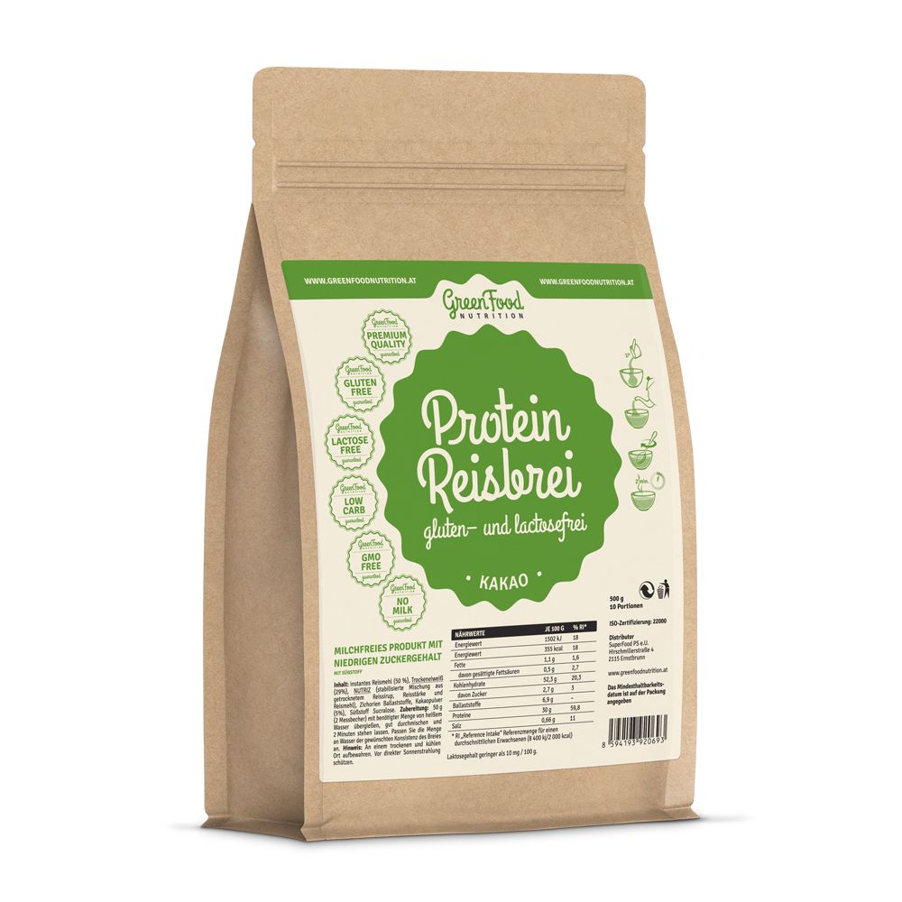 Beutel mit Protein Reisbrei. Aufschrift: gluten- und lactosefrei, Kakaogeschmack. Grün-weiße Etiketten mit Produktinformationen.