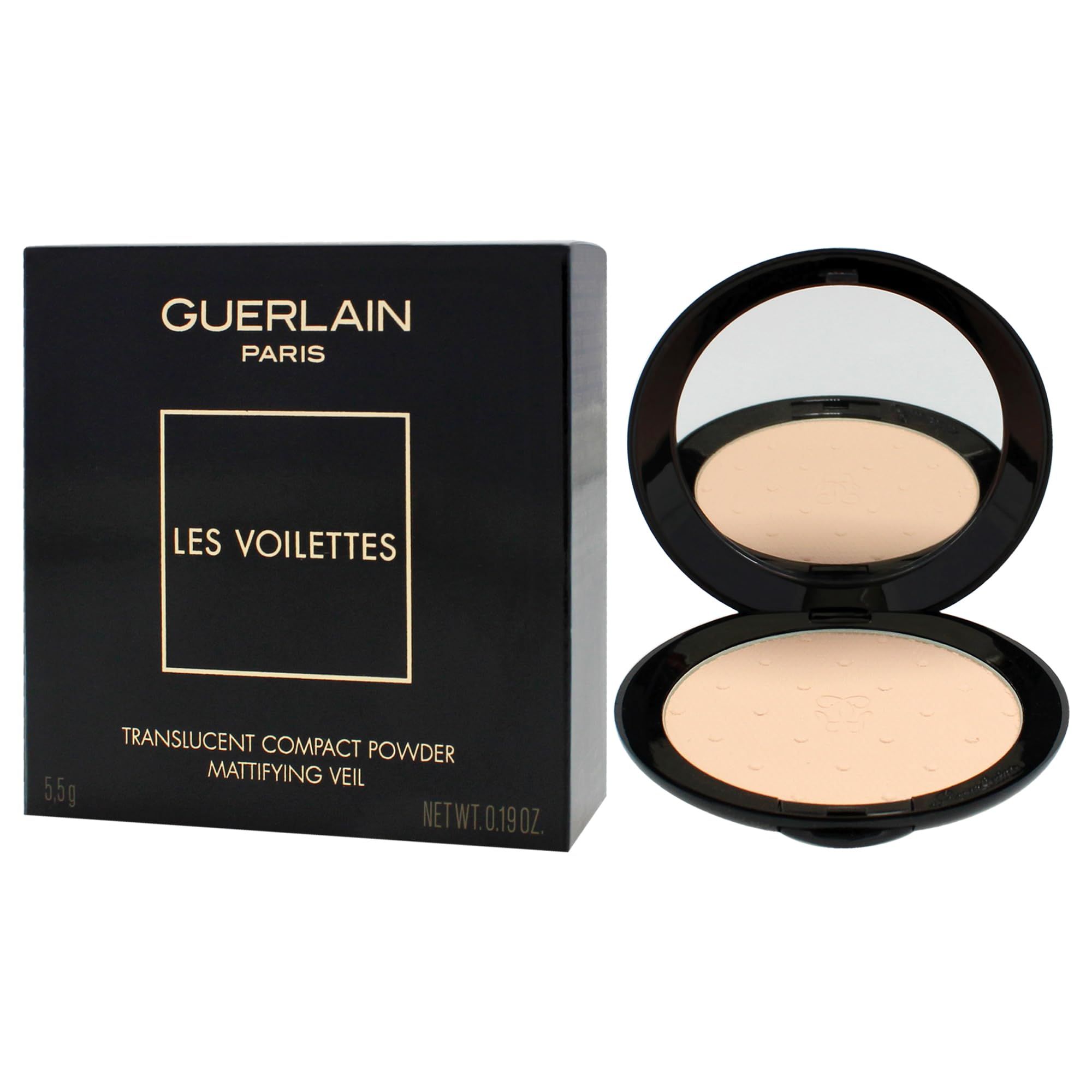 Kompaktpuder mit Spiegel. Schwarze Hülle, offene Form. Puder hellbeige. Text: Guerlain, Les Voilettes, Translucent Compact Powder, Mattifying Veil.