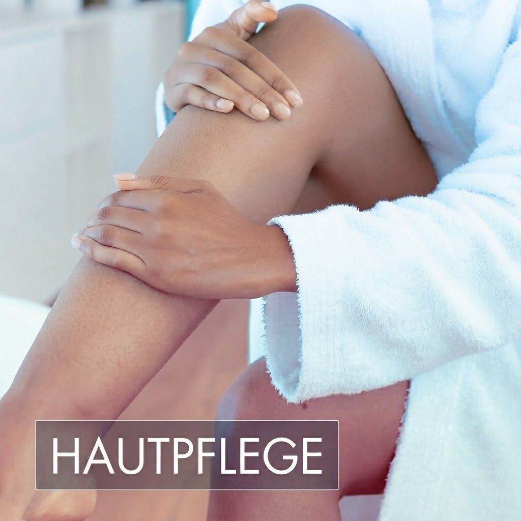 Frau in einem Bademantel, die ihre Beine berührt. Text: Hautpflege.