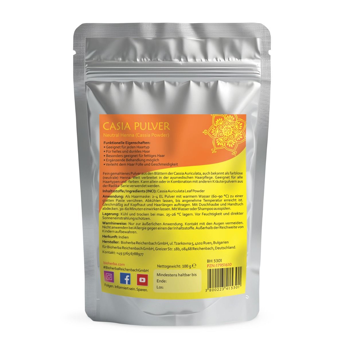 Rückseite des Beutels. Text in Deutsch. Enthält Informationen zu Inhaltsstoffen, Anwendung und Hersteller. Nettogewicht: 100 g. Haltbarkeit.