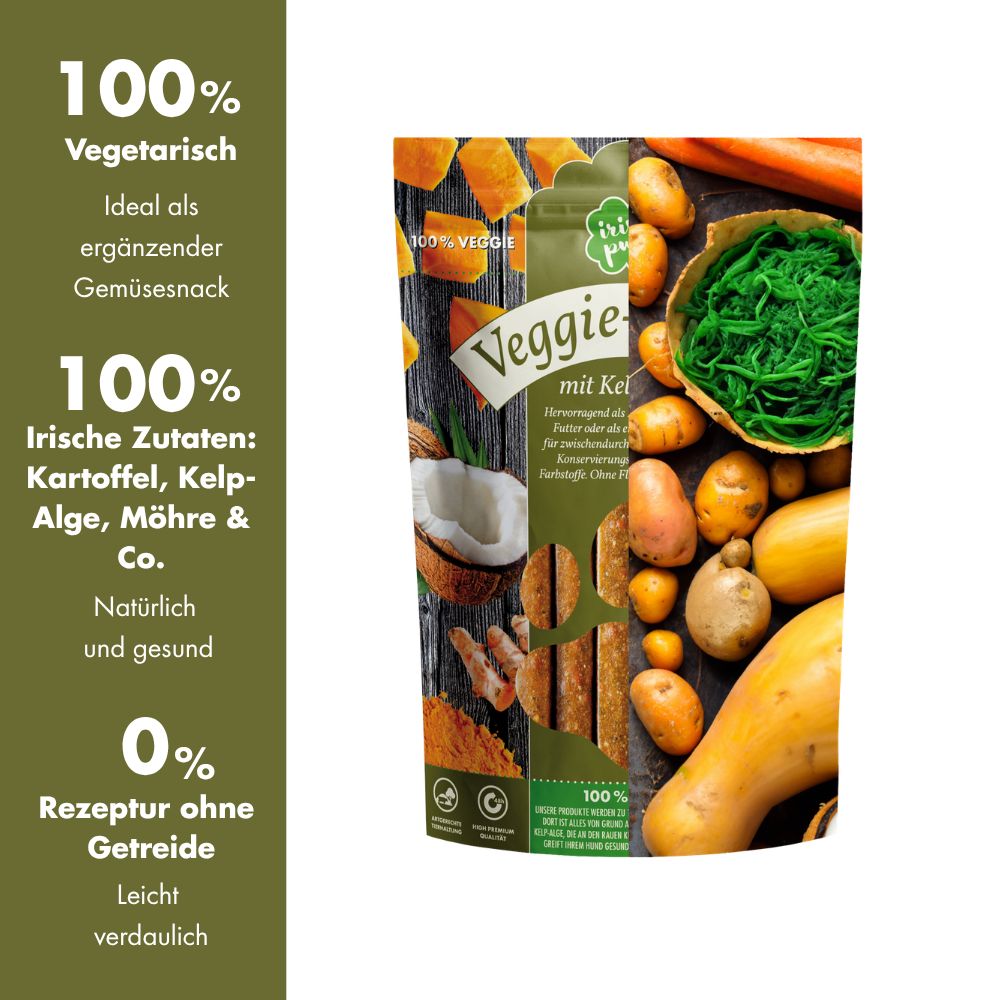 Verpackung 'Veggie-Snack mit Kelp' mit Text über vegetarische Zutaten.