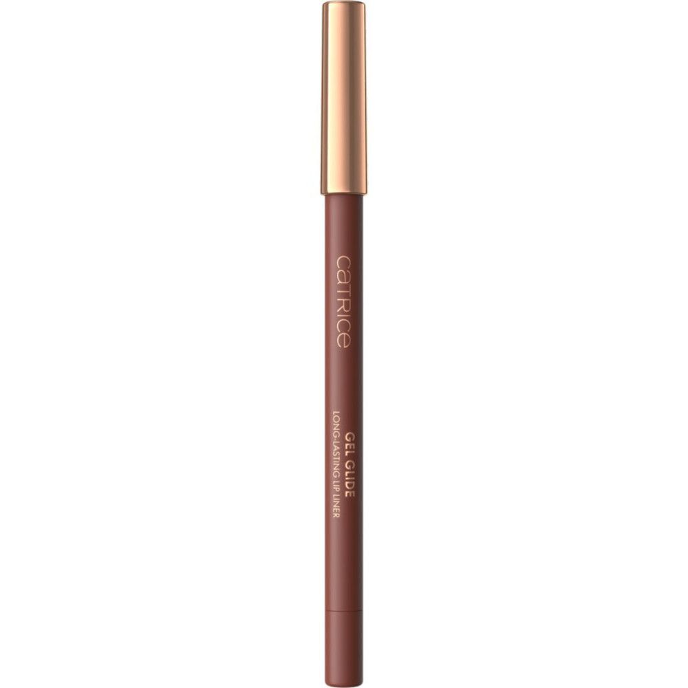 Catrice Gel Glide Lippenkonturenstift. Rosa-brauner Stift mit goldfarbener Kappe. Produktname und Marke sind sichtbar.