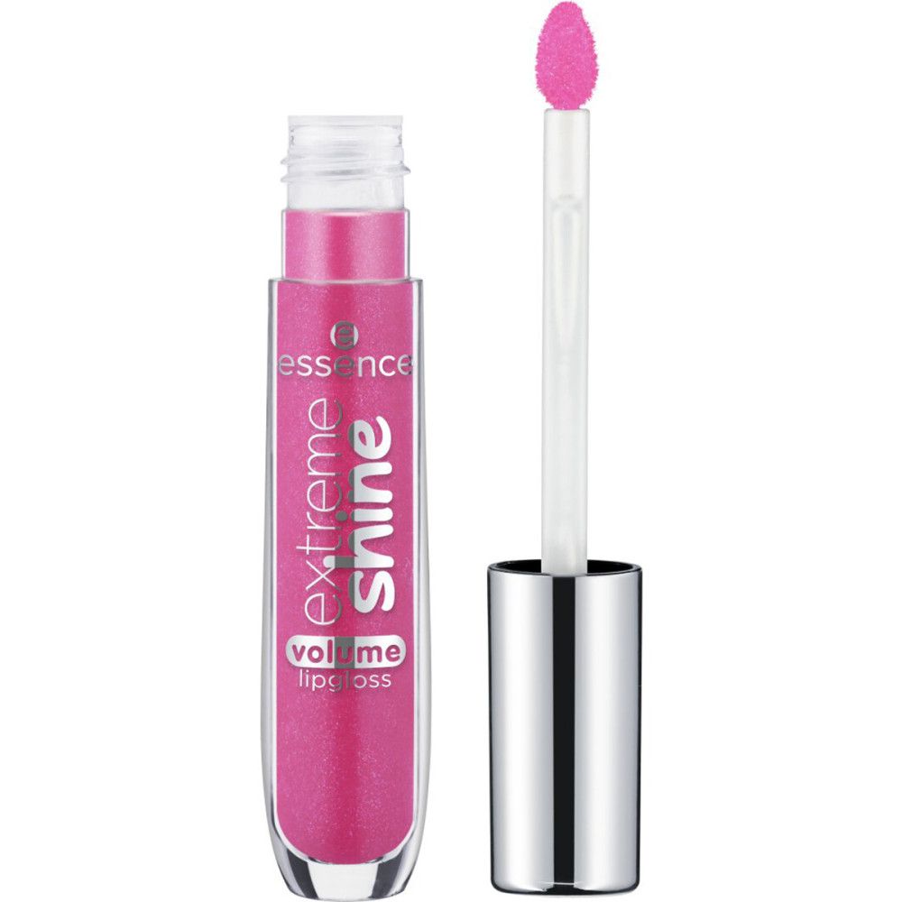 Lippen-Gloss mit geöffnetem Applikator. Rosa Flüssigkeit sichtbar. Schriftzug "extreme shine volume lip gloss".