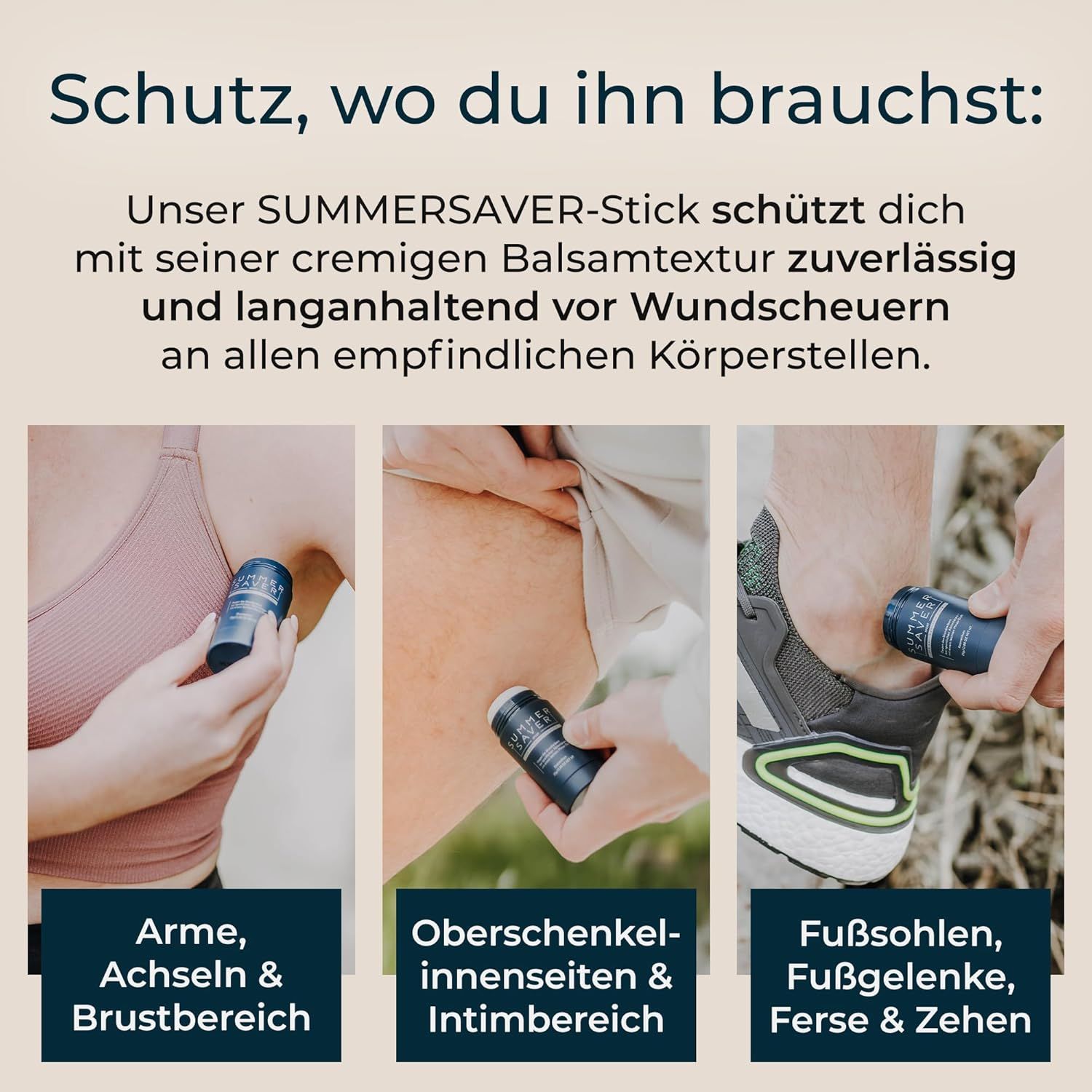 Drei Personen halten einen blauen Stick. Text: Arme, Achseln & Brustbereich, Oberschenkel-Innenseiten & Intimbereich, Fußsohlen, Ferse & Zehen.