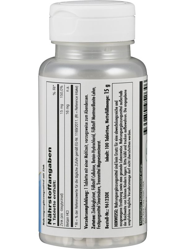 Zink-Tabletten in einer Flasche. Aufschrift: 100 Tabletten. Enthält Zink. Hersteller: Nutraceutical Corp. Mit Nährwertangaben.
