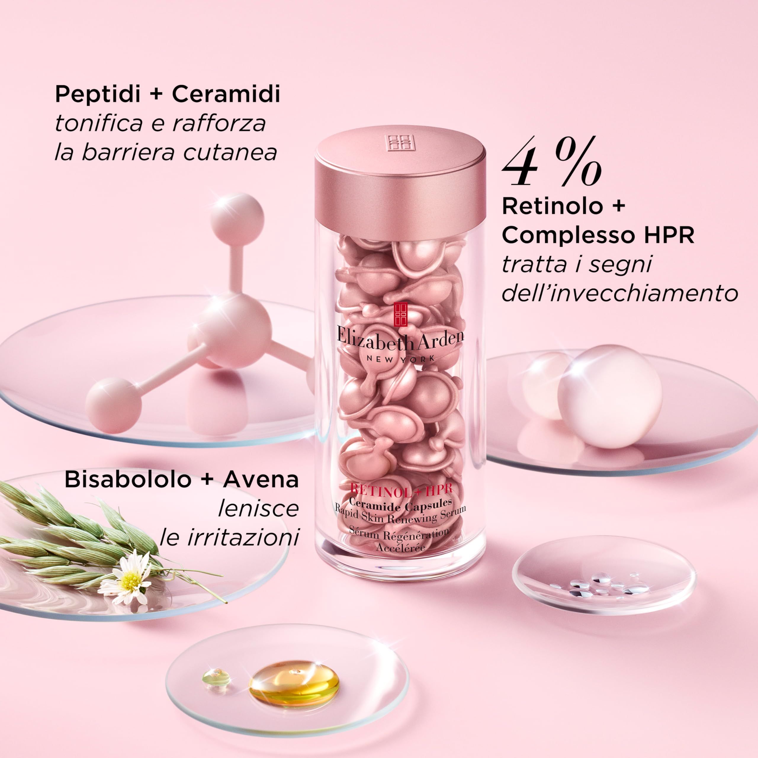 Behälter mit rosa Kapseln, umgeben von Elementen. Text: 4% Retinolo + Complesso HPR. Elizabeth Arden. Peptidi + Ceramide, Bisabololo + Avena.
