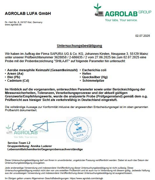 Laborbericht der AGROLAB LUFA GmbH. Untersuchungsergebnisse für SHILAJIT. Auflistung von untersuchten Parametern und Grenzwerten.