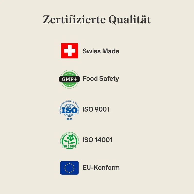 Zertifizierte Qualität: Swiss Made, GMP+, ISO 9001, ISO 14001, EU-Konform.