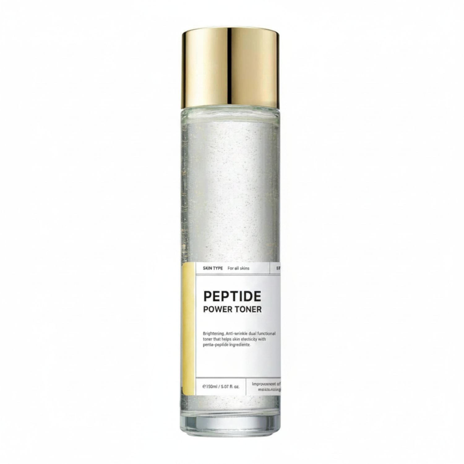 BOM Peptide Power Toner in einem klaren Glasflakon mit goldenem Verschluss.