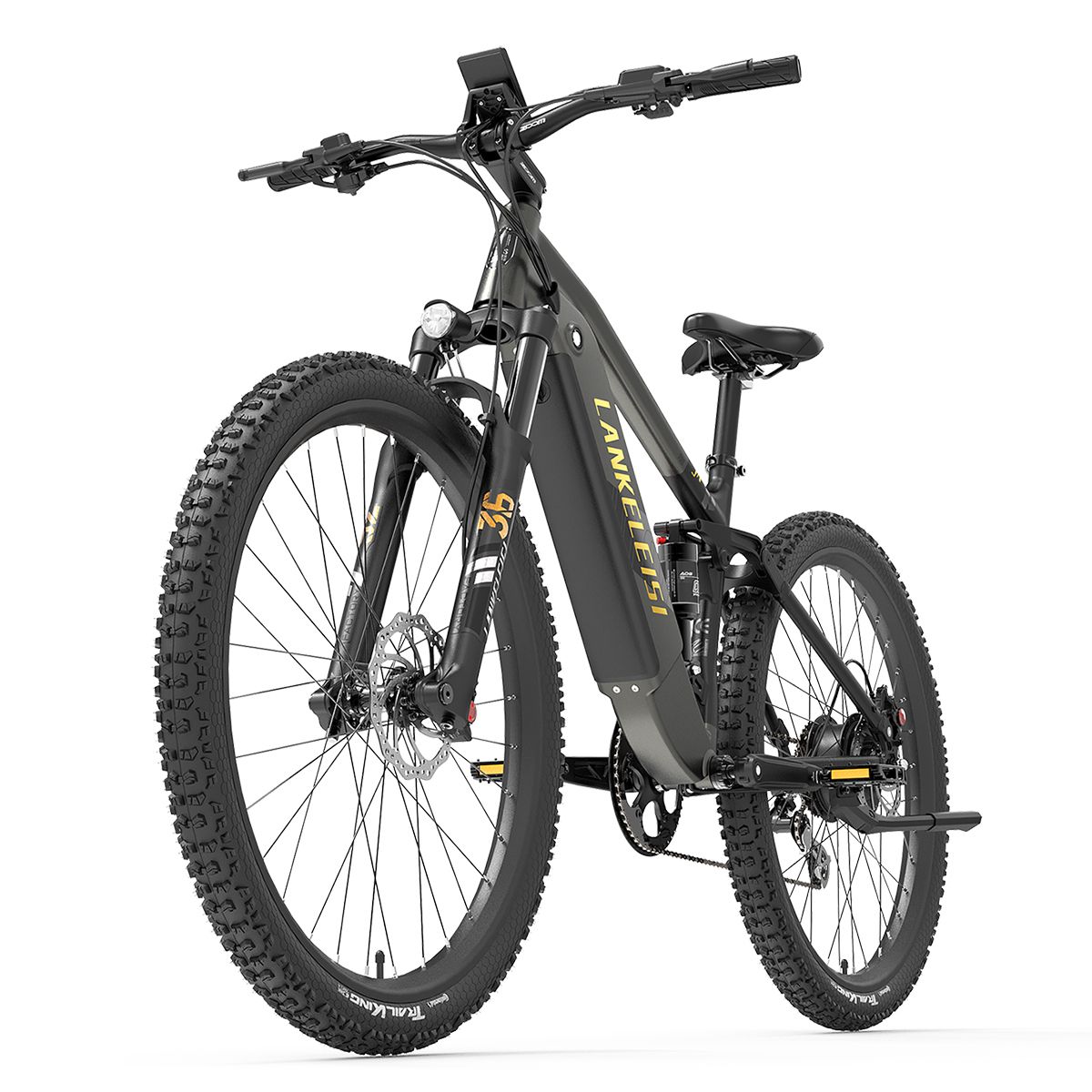 Graues E-Bike LANKELEISI RX600 Pro. Schwarze Reifen, Sattel und Lenker. Gelbe Schrift auf dem Rahmen.