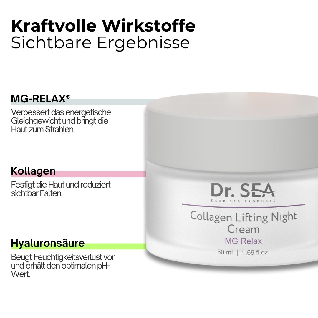 Creme-Glas mit Text. Text: MG-RELAX, Kollagen, Hyaluronsäure. Auf dem Glas steht: Dr. SEA Collagen Lifting Night Cream.