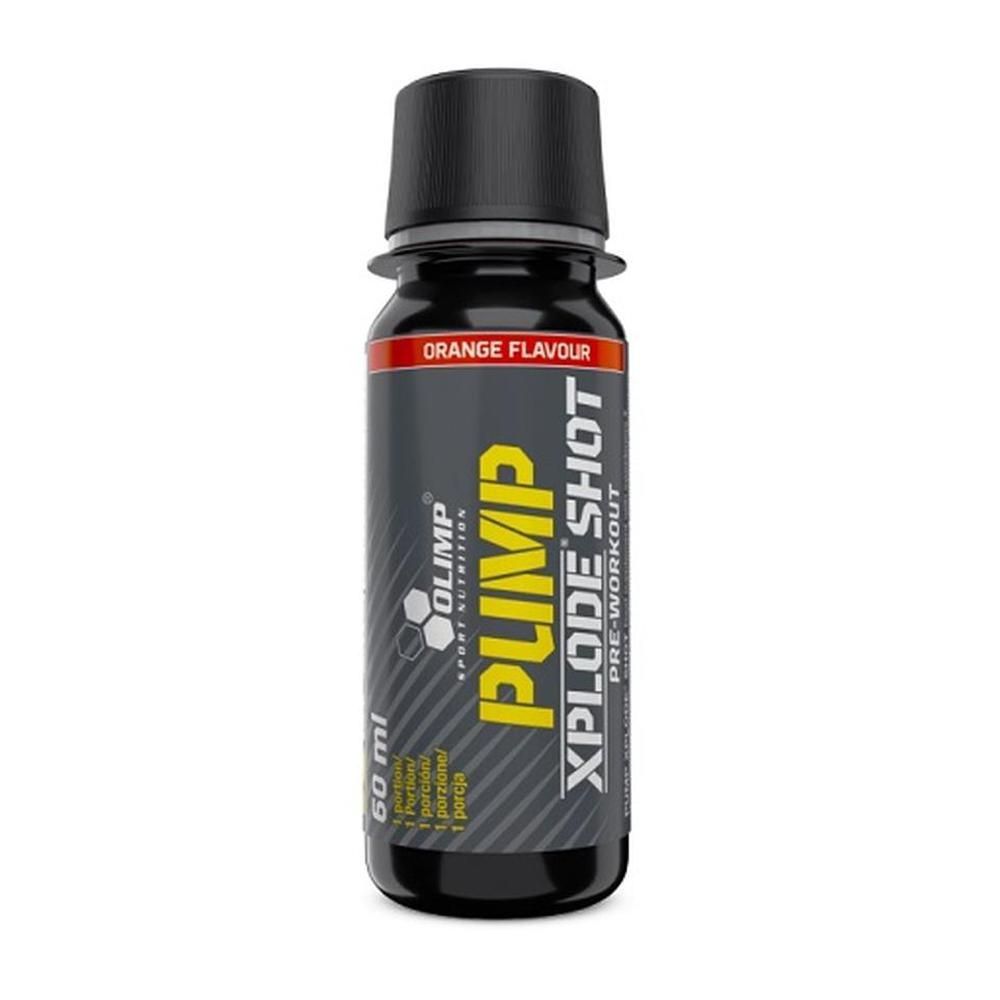 Schwarze Flasche mit gelbem "PUMP"-Schriftzug. "XPLODE SHOT" und "ORANGE FLAVOUR" sind ebenfalls sichtbar. 60 ml.