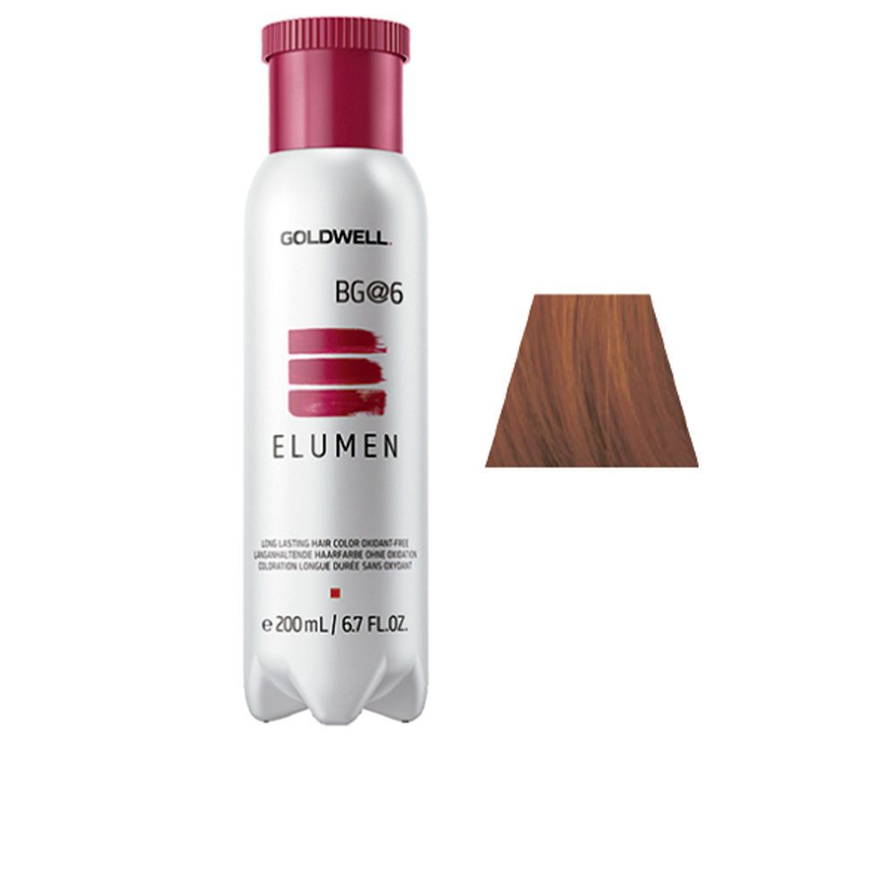 Flasche mit rotem Verschluss. Aufschrift: GOLDWELL, BG@6, ELUMEN. Farbprobe daneben. Text: Long-lasting hair color. 200 ml.