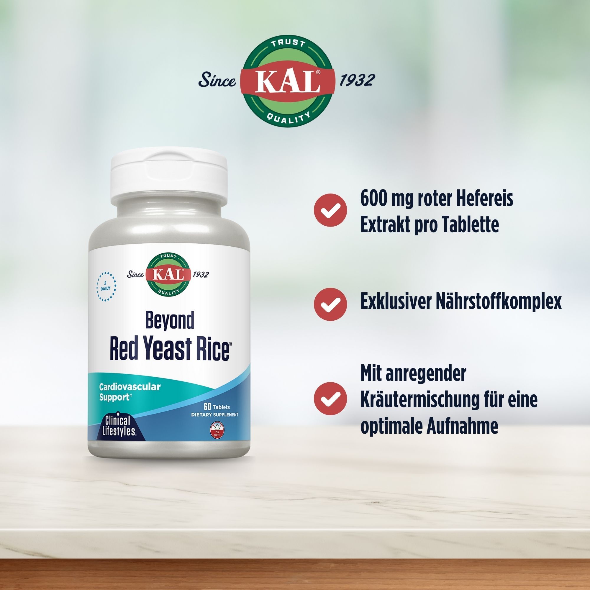Flasche KAL Beyond Red Yeast Rice. Aufschrift: Beyond Red Yeast Rice, Cardiovascular Support. 600 mg roter Hefereis Extrakt pro Tablette.