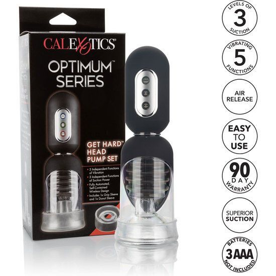 Verpackung der Marke Calexotics. Produkt: Get Hard Head Pump Set. Pumpe mit schwarzem Griff und transparentem Zylinder.
