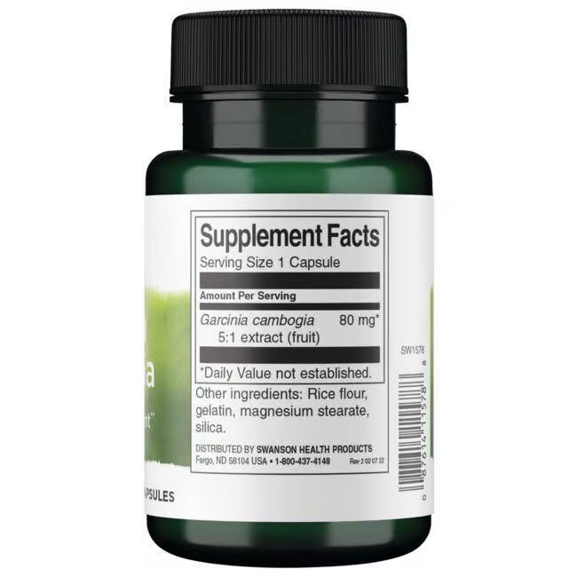 Rückseite der Flasche. Aufschrift: Supplement Facts, Garcinia cambogia 80 mg, Inhaltsstoffe.