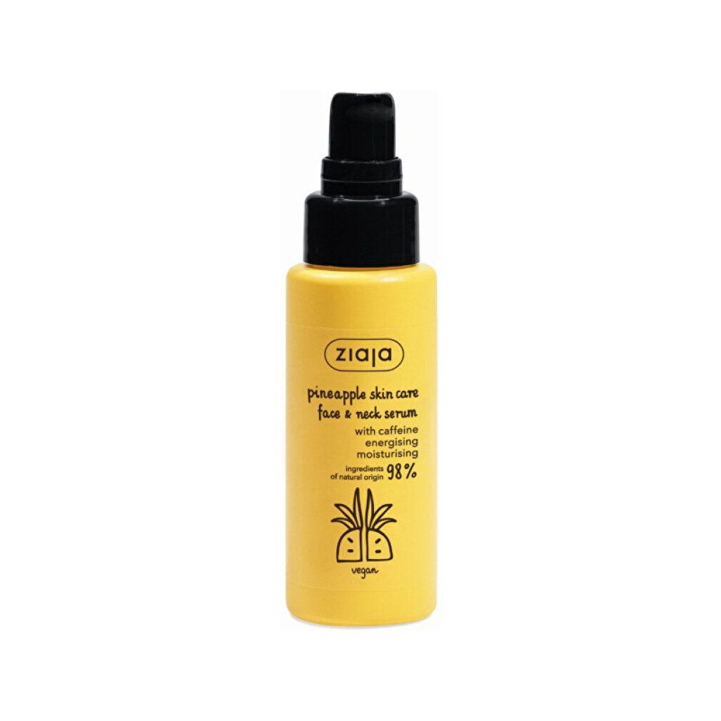Gelbe Flasche mit schwarzem Pumpspender. Enthält Ananas-Hautpflege für Gesicht und Hals mit Koffein.