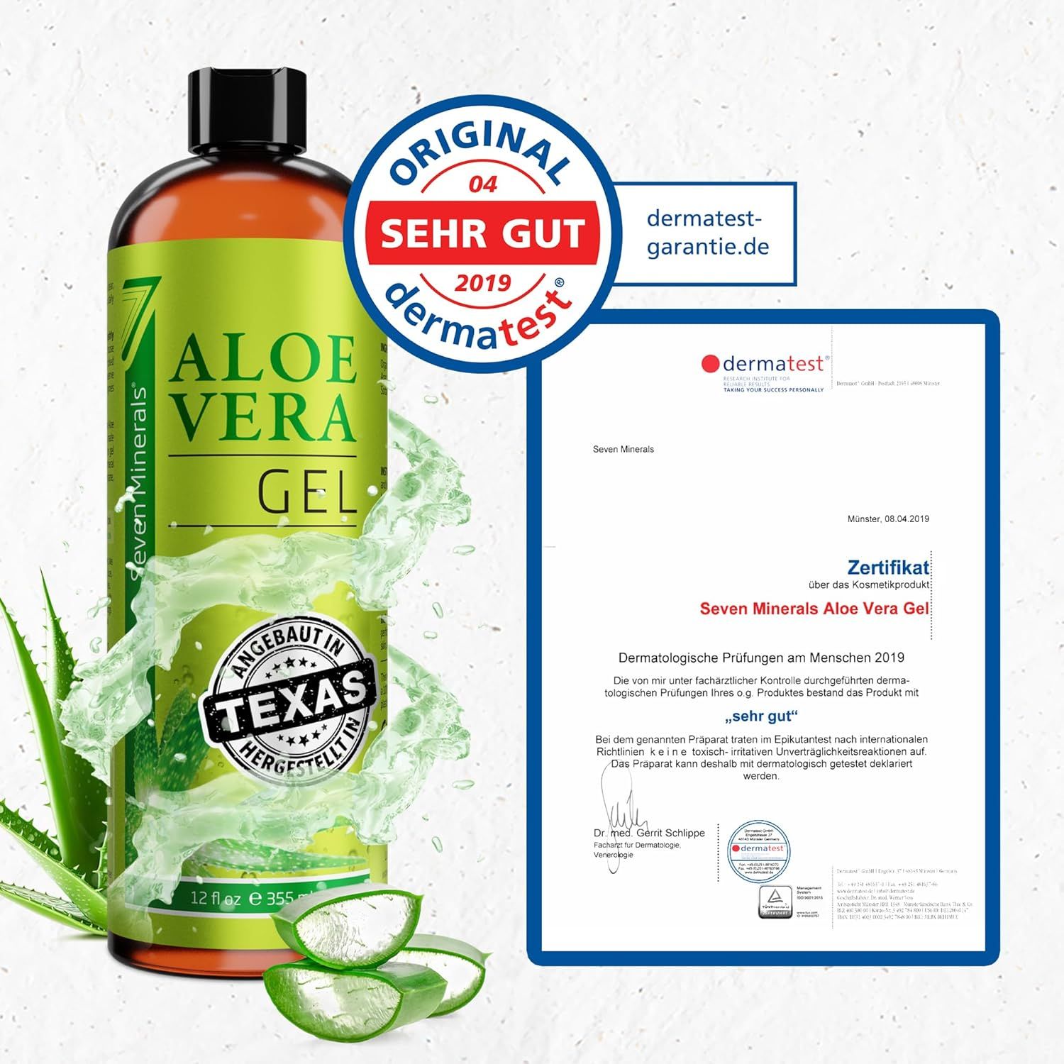 Aloe Vera Gel Flasche mit Dermtest Siegel. Zertifikat und Aloe Vera Blätter. Text: Hergestellt in Texas. Dermatest.