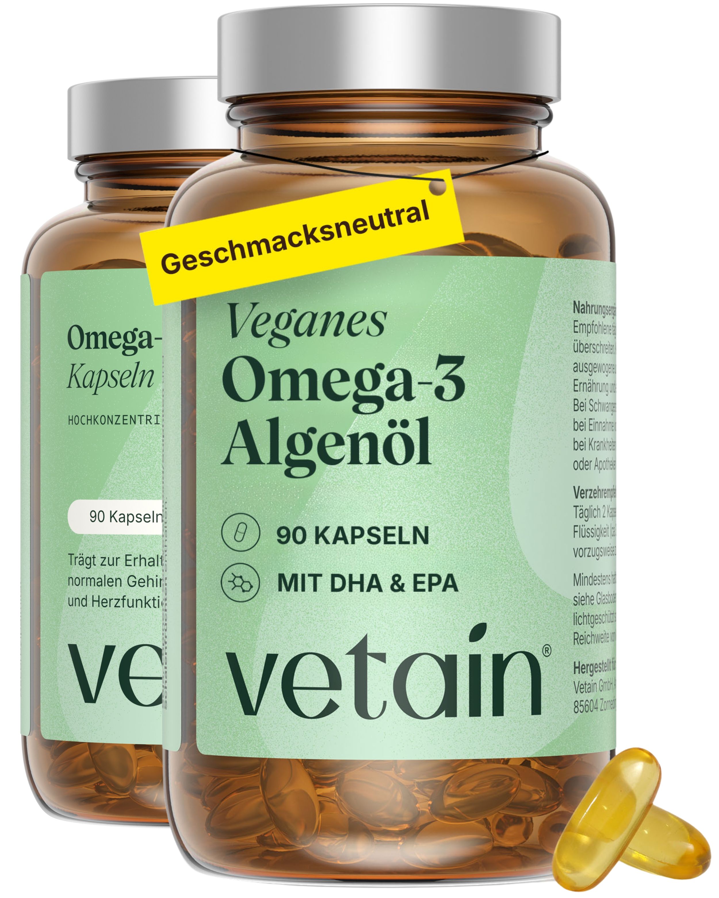 Zwei Flaschen veganes Omega-3 Algenöl Kapseln von Vetain, hochdosiert mit DHA & EPA.