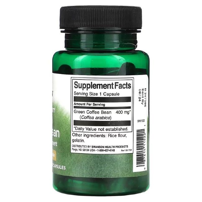 Rückansicht der grünen Flasche mit Kapseln. Aufschrift: Supplement Facts, Green Coffee Bean 400 mg, Zutaten. Hergestellt von Swanson.
