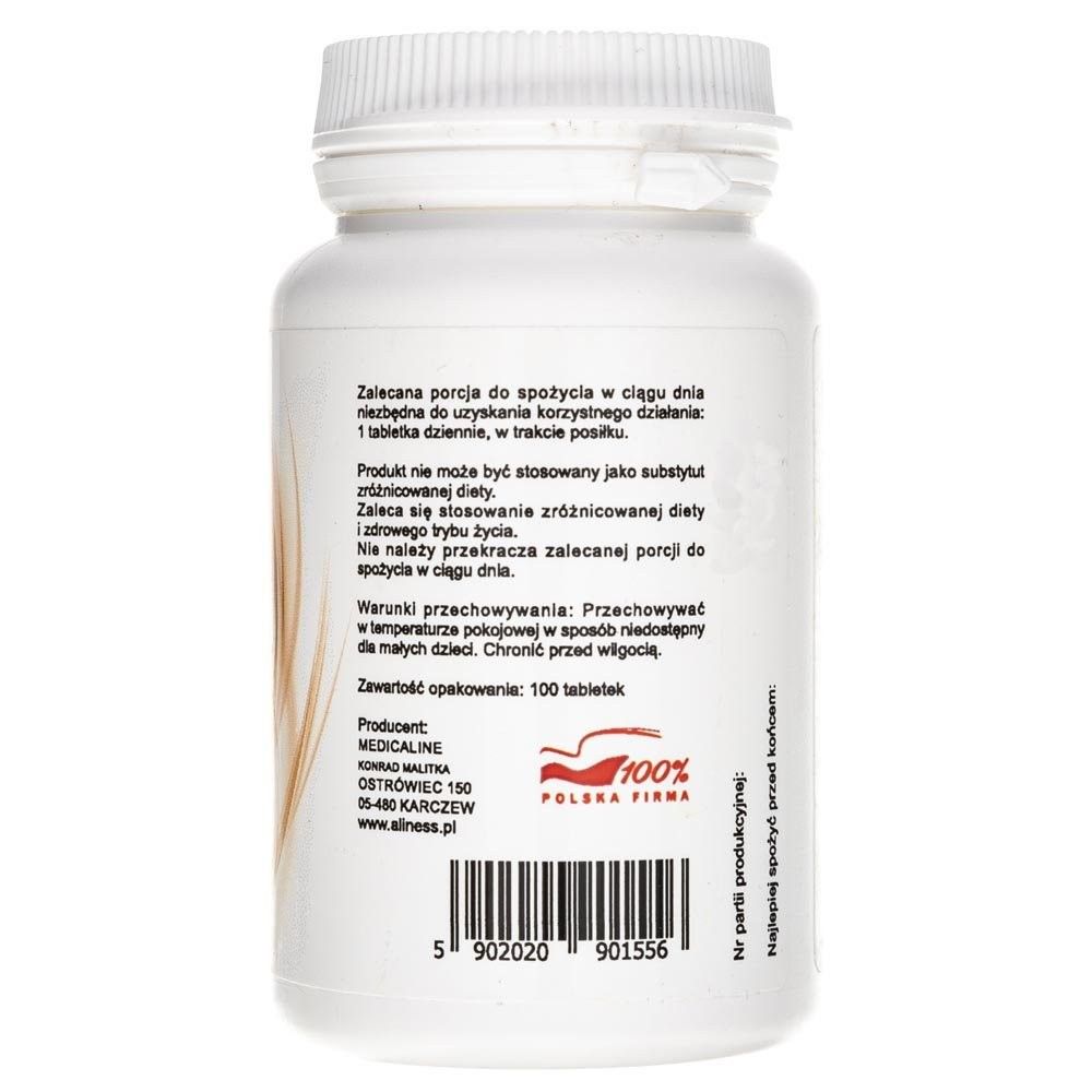 Rückseite einer weißen Pillendose mit Informationen zur empfohlenen Verzehrmenge und Lagerung. "100 Tabletten".