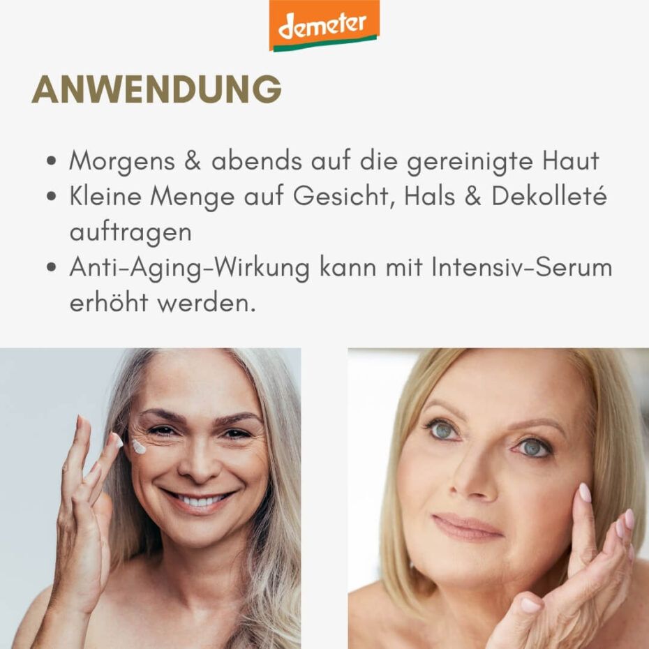 Anwendungshinweise. Zwei Frauen tragen Creme auf. Demeter-Logo. Text: Morgens & abends auf die gereinigte Haut auftragen.