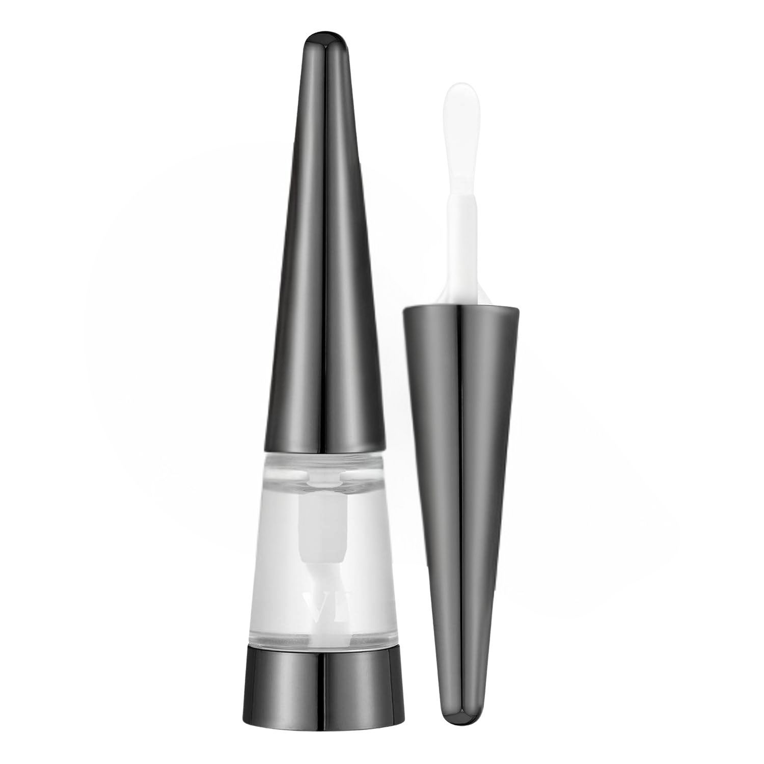 Ein transparenter Lippenplumper mit einem konischen Applikator und einem silbernen Deckel.