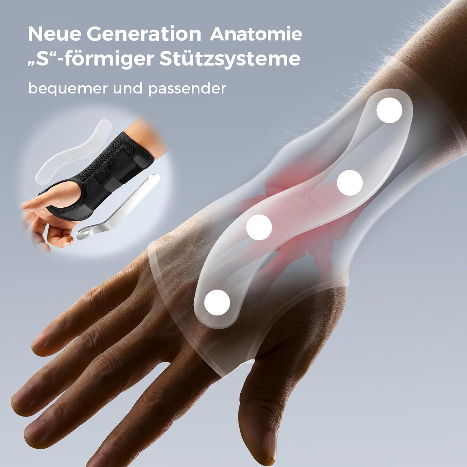 Handgelenkstütze mit "S"-förmigem Design und vier weißen Punkten zur Unterstützung.