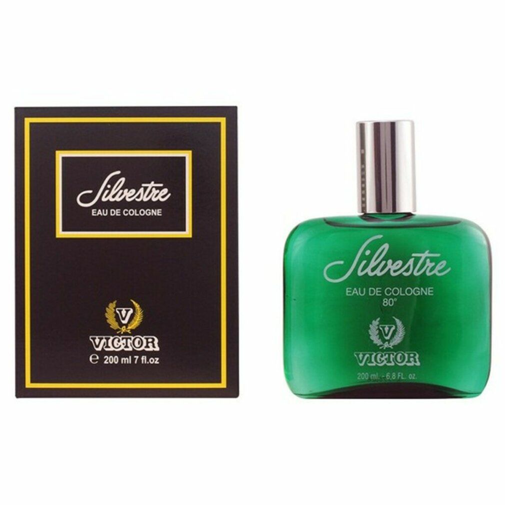 Grüne Flasche und Schachtel. Aufschrift Silvestre Eau de Cologne. Marke Victor. Volumen 200 ml.