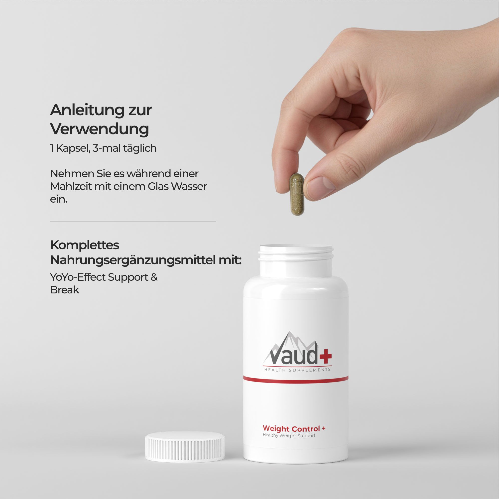 Hand hält Kapsel über Flasche. Text: 'Anleitung zur Verwendung'.