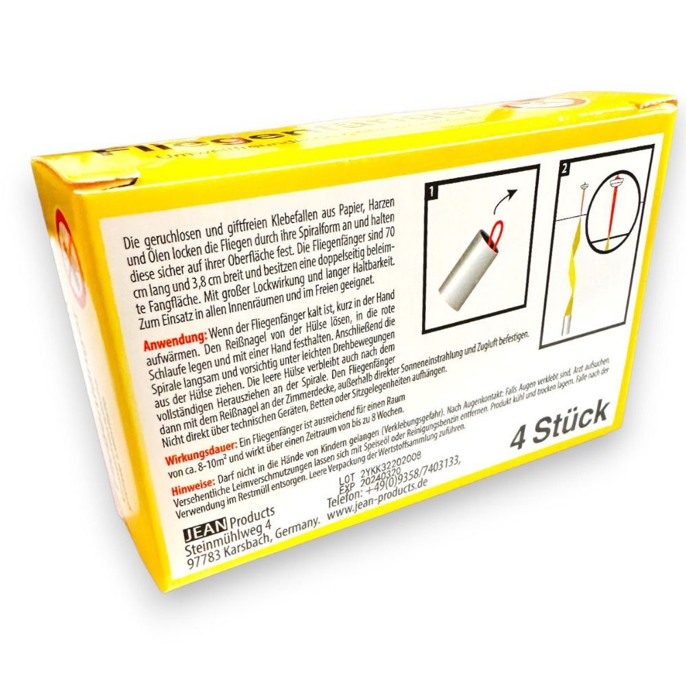 Gelbe Verpackung mit Produktinformationen. Abbildung eines Fliegenfängers und Anwendungshinweise. 4 Stück.