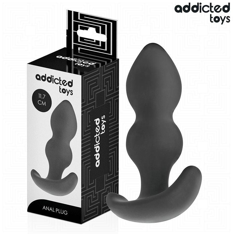 Schwarzer Silikon-Analplug mit breiter Basis und geschwungener Form, neben der Verpackung.