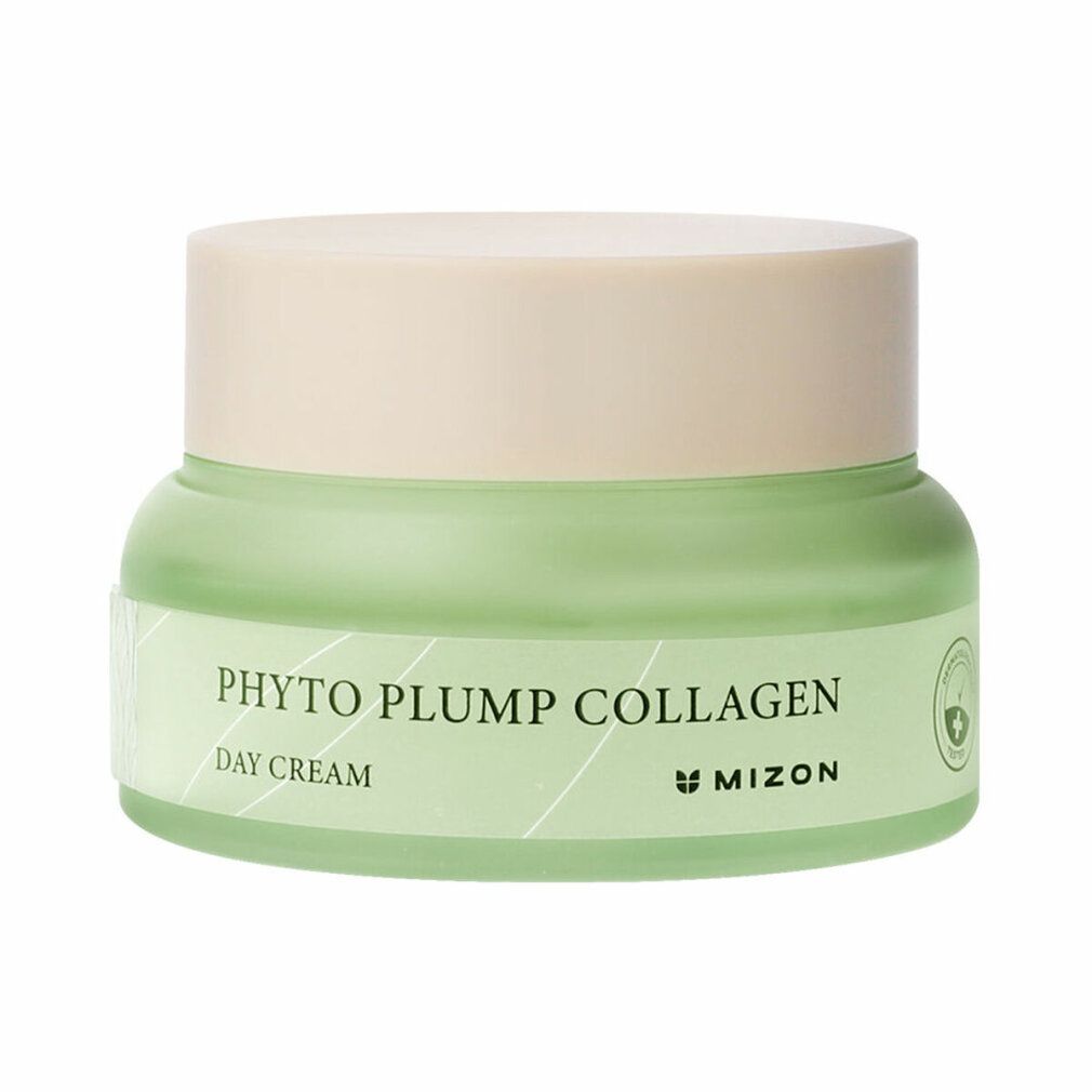 Grünes Cremeglas mit beigem Deckel. Aufschrift: Phyto Plump Collagen Day Cream. Marke: Mizon.