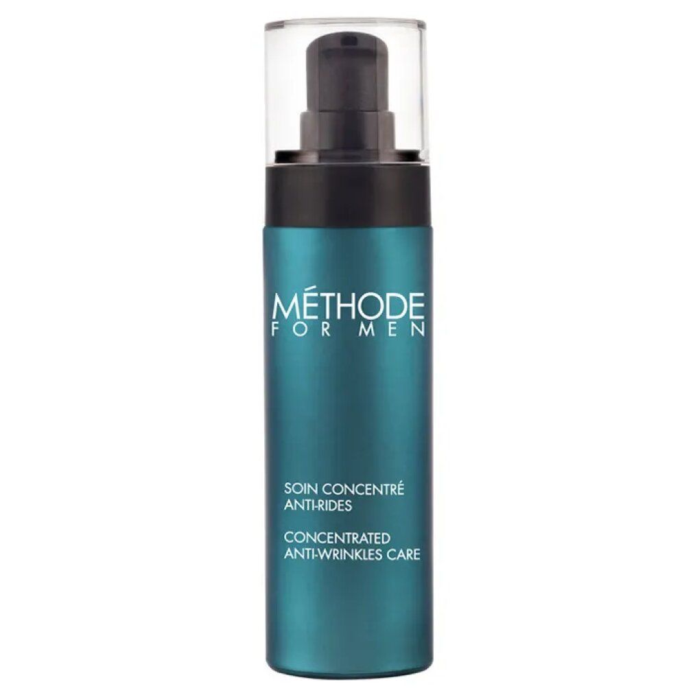 Türkisgrüne Flasche mit schwarzem Pumpkopf. Aufschrift: MÉTHODE FOR MEN, Soin Concentré Anti-Rides, Concentrated Anti-Wrinkles Care.