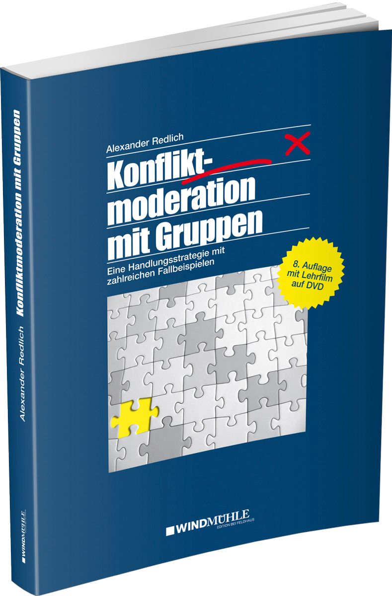Buch "Konfliktmoderation mit Gruppen". Autor Alexander Redlich. Blaue Titelseite mit Puzzlespiel-Illustration und DVD-Hinweis.