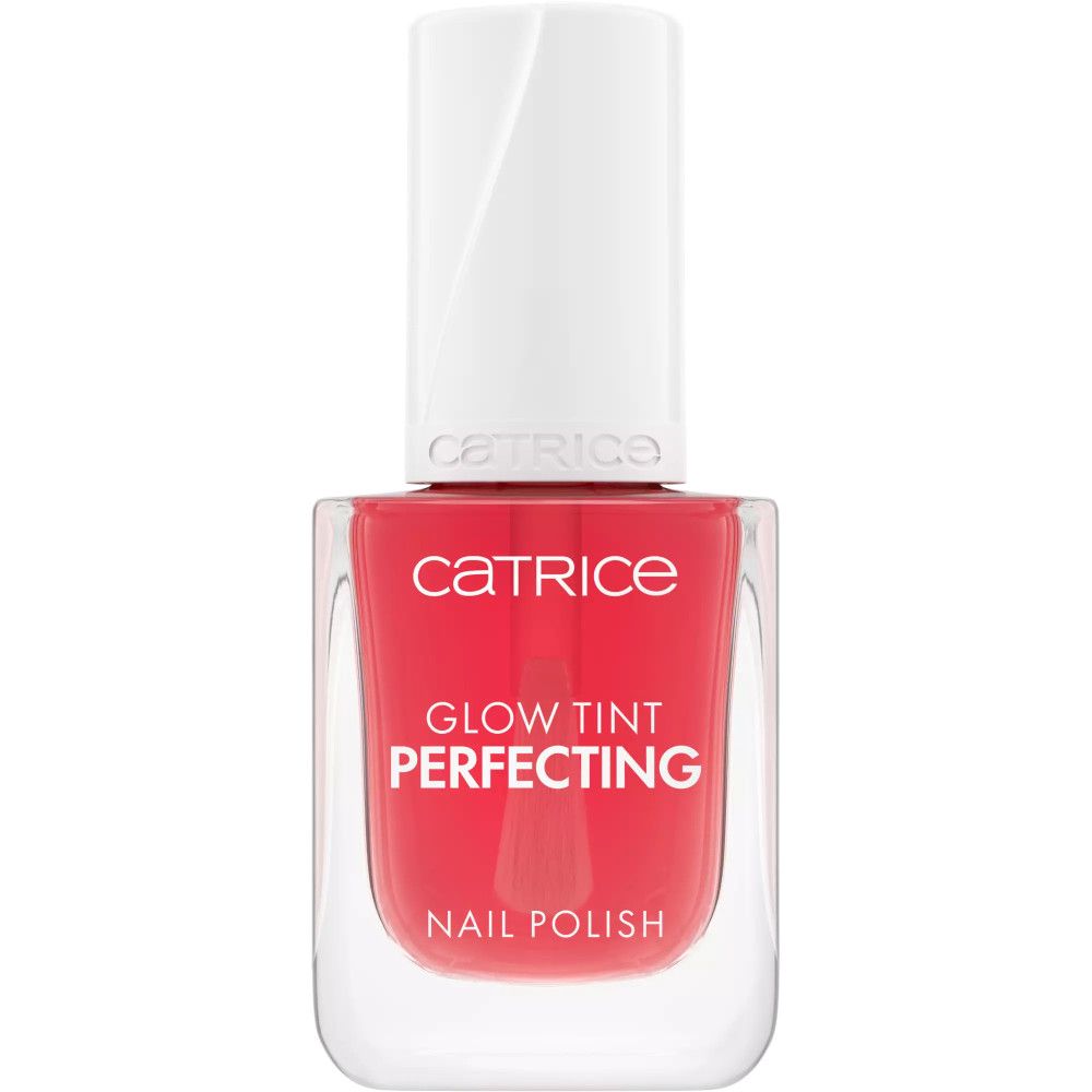 Nagellackflasche mit rotem Inhalt. Weißer Deckel mit Pinsel. Aufschrift: Catrice, Glow Tint Perfecting, Nail Polish.