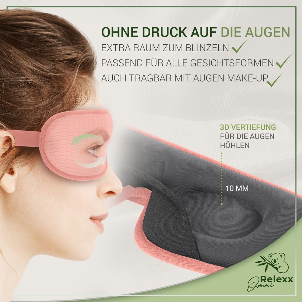 Schlafmaske mit 3D-Vertiefung. 10 mm. Ohne Druck auf Augen. Marke Relexx Omni.