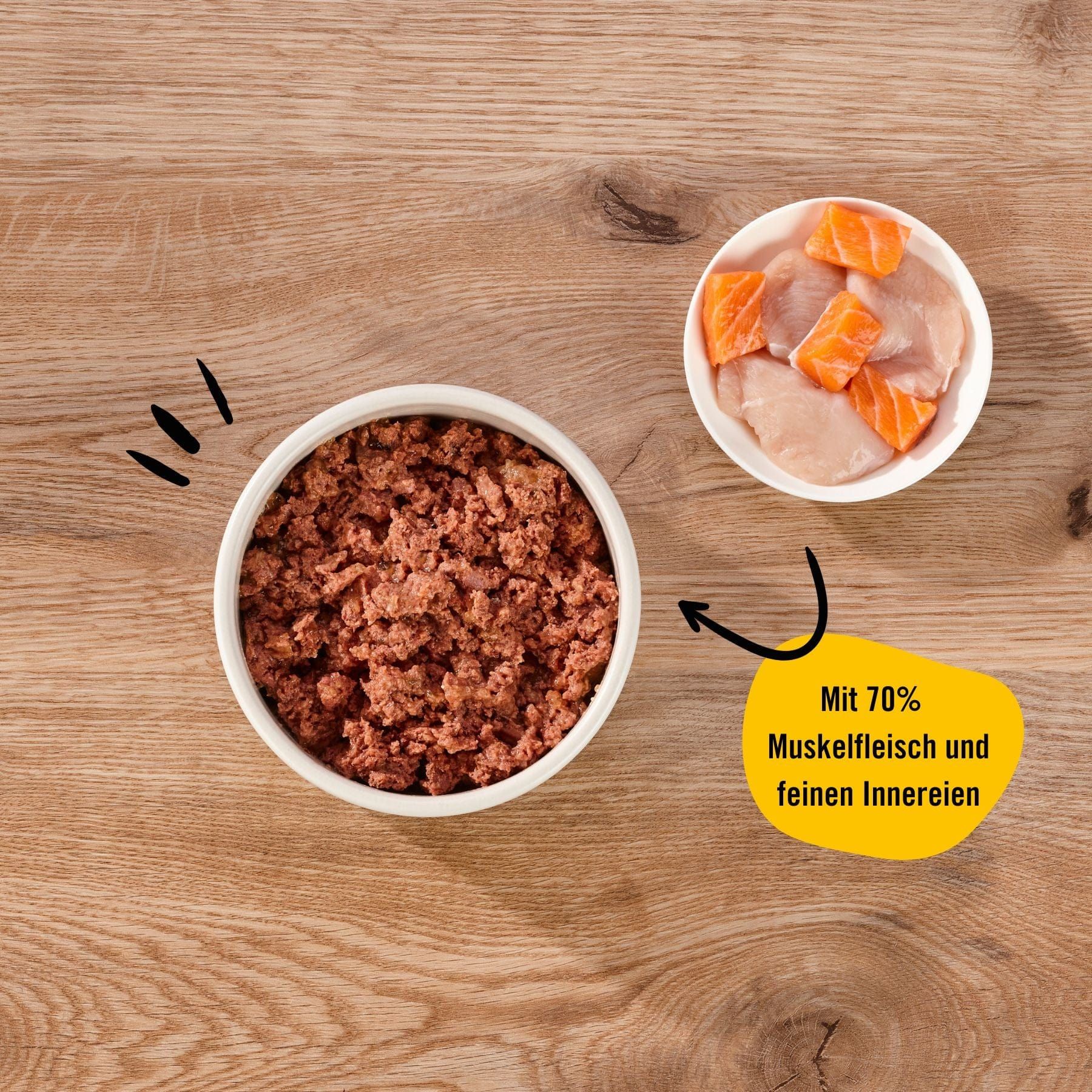 Zwei Schalen mit Zutaten. Eine Schale mit Fleisch, eine mit Hühnchen und Lachs. Text: Mit 70% Muskelfleisch und feinen Innereien.