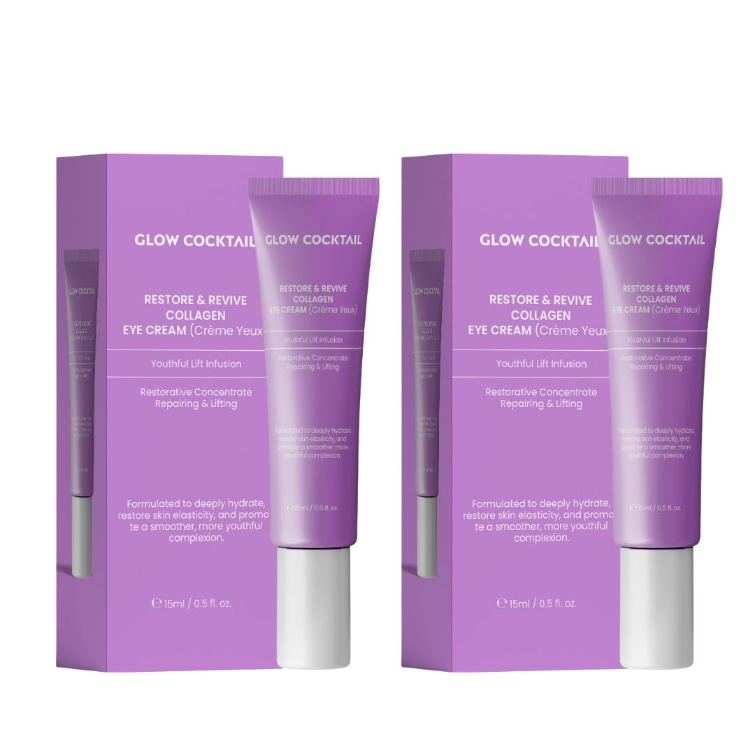 Zwei lila Kartons mit Augencreme-Tuben. Aufschrift: Glow Cocktail, Restore & Revive Collagen Eye Cream. Enthält 15ml.
