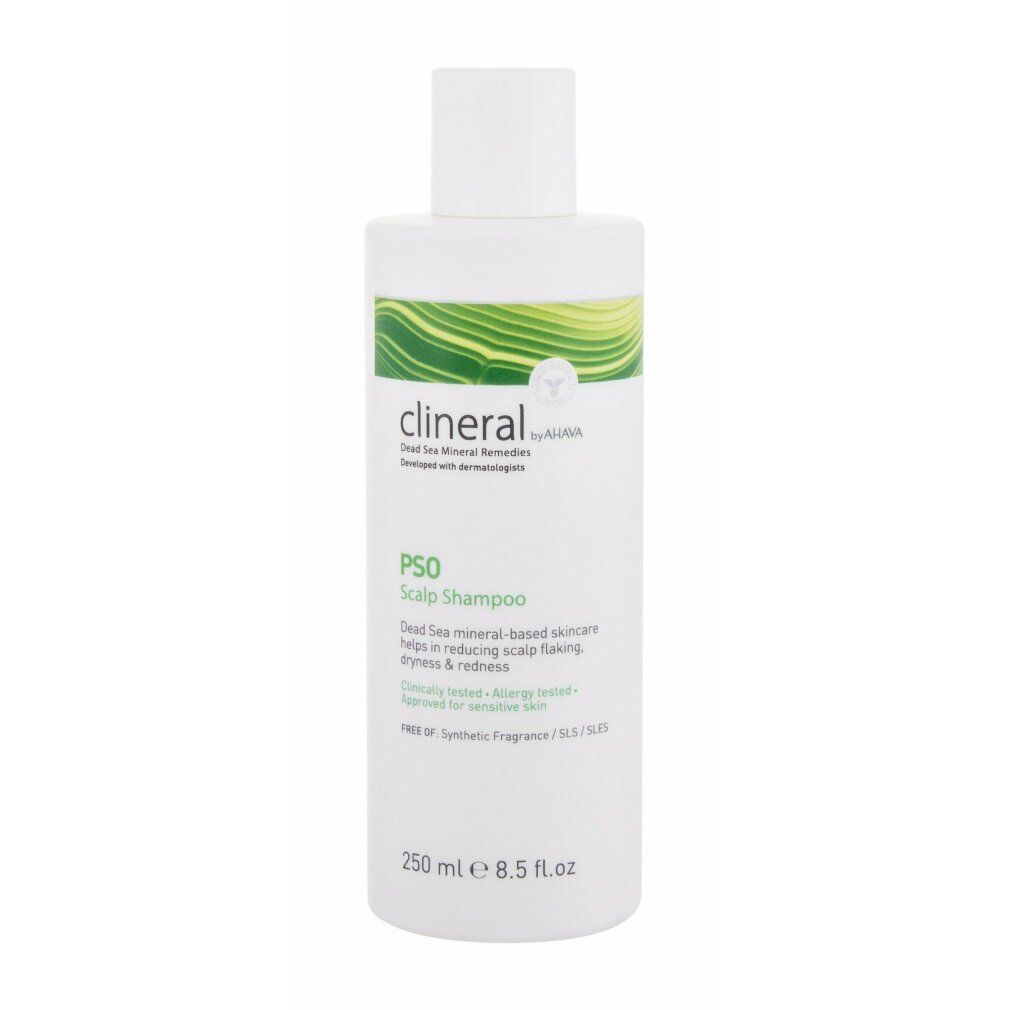 Weiße Flasche Clineral PSO Scalp Shampoo. Grünes Wellenmuster. Text: Dead Sea Mineral Remedies, Psoriasis-Shampoo, 250 ml.