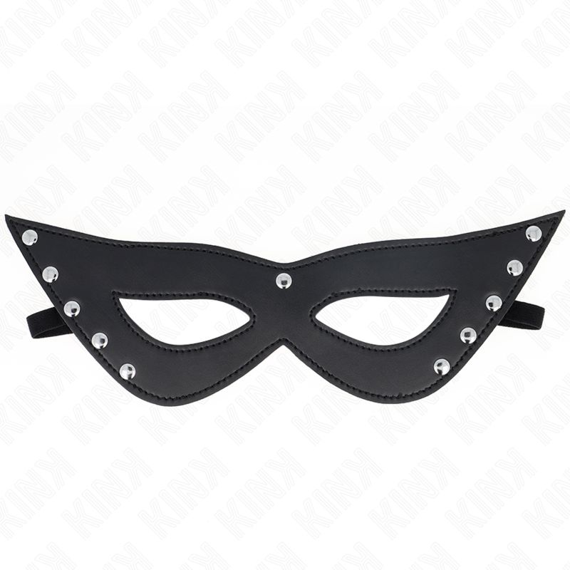 Schwarze Augenmaske mit fünf Nieten. Aus Kunstleder mit elastischem Band. Blick von vorne.