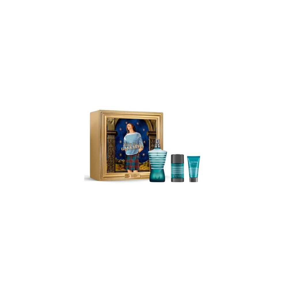 Geschenkset mit Flakon, Deodorant und Duschgel. Flakon in Torsoform, blau gestreift. Verpackung mit Bild.