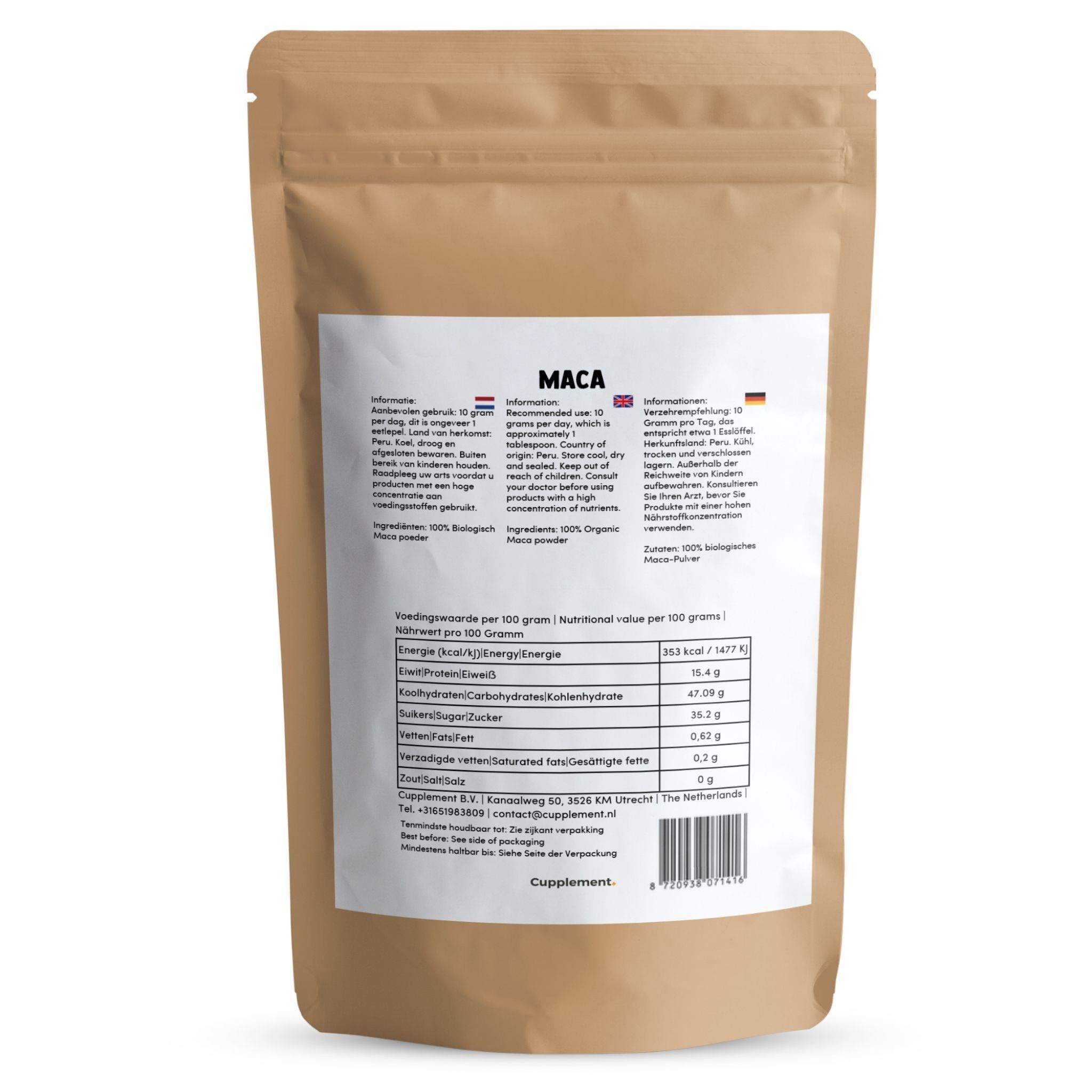 Rückseite des Beutels mit Maca-Pulver. Informationen in verschiedenen Sprachen. Nährwertangaben.