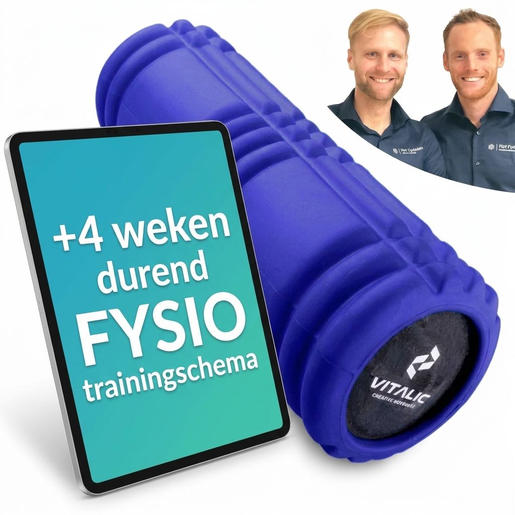 Blaue Faszienrolle mit Rillenmuster und Tablet mit Trainingsplan.