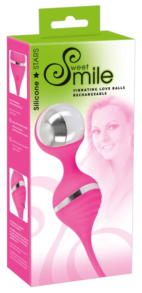 Verpackung von Sweet Smile Vibrating Love Balls. Rosa Vibrationskugel mit silbernen Akzenten.