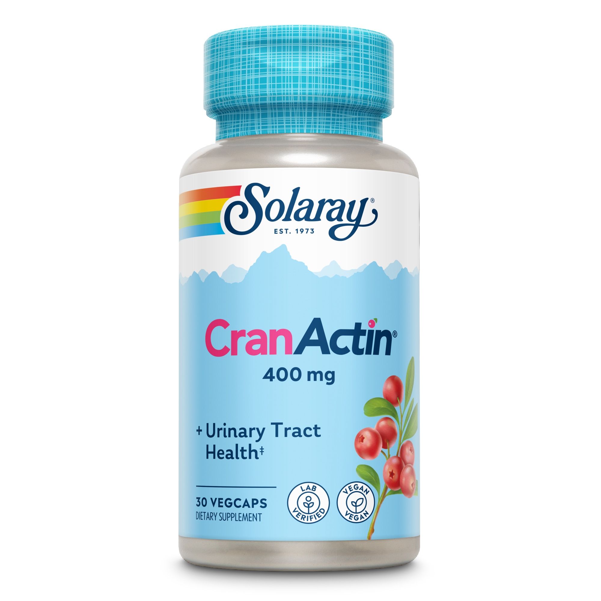 Eine Flasche CranActin mit blauem Deckel. Aufschrift: CranActin 400 mg, + Urinary Tract Health, 30 Vegcaps, Dietary Supplement.