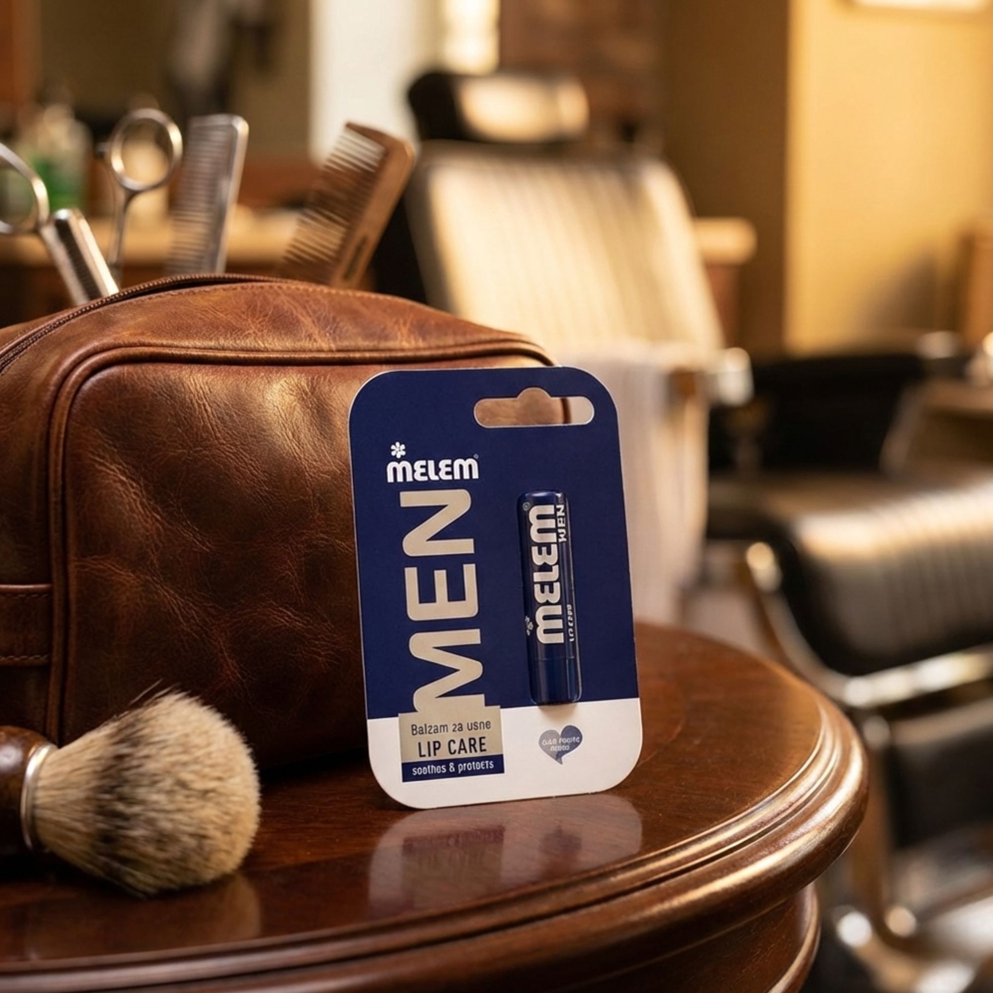 Lippenbalsam in Verpackung. Aufschrift: MELEM MEN, LIP CARE. Auf einem Tisch mit Bartpflege-Utensilien und Lederetui.