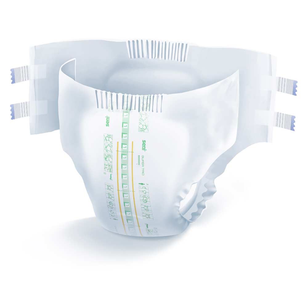 Weiße Windel, Ansicht von vorne. Mit Klebestreifen und Größenmarkierungen. Aufdruck SENI.